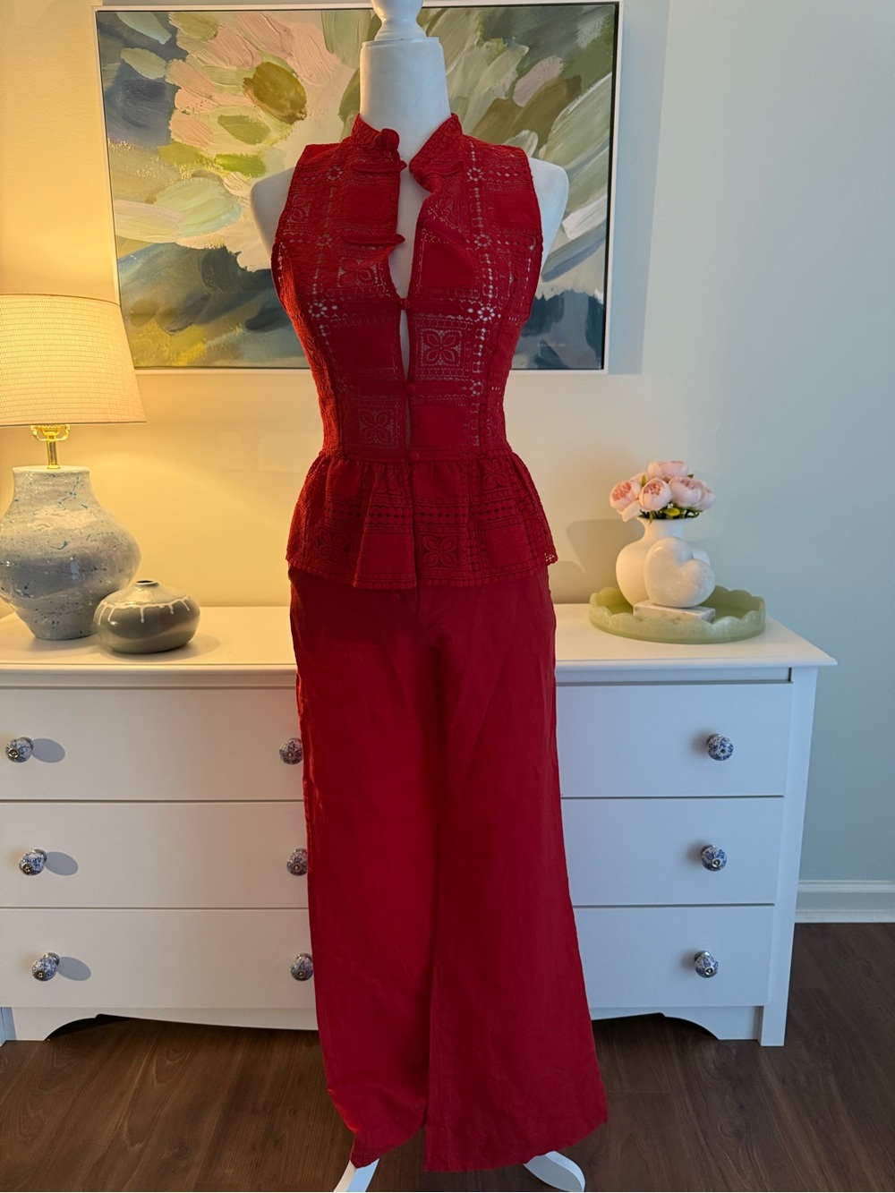 Zara Red Sleeveless Lace Peplum Jumpsuit with Wide Legs
